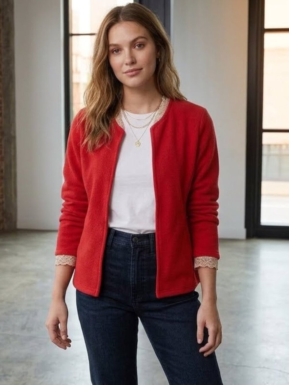 Chico's Size 2/12-L Red Long Sleeve 3/4 Clasp Front Cardigan Sweater Jacket City